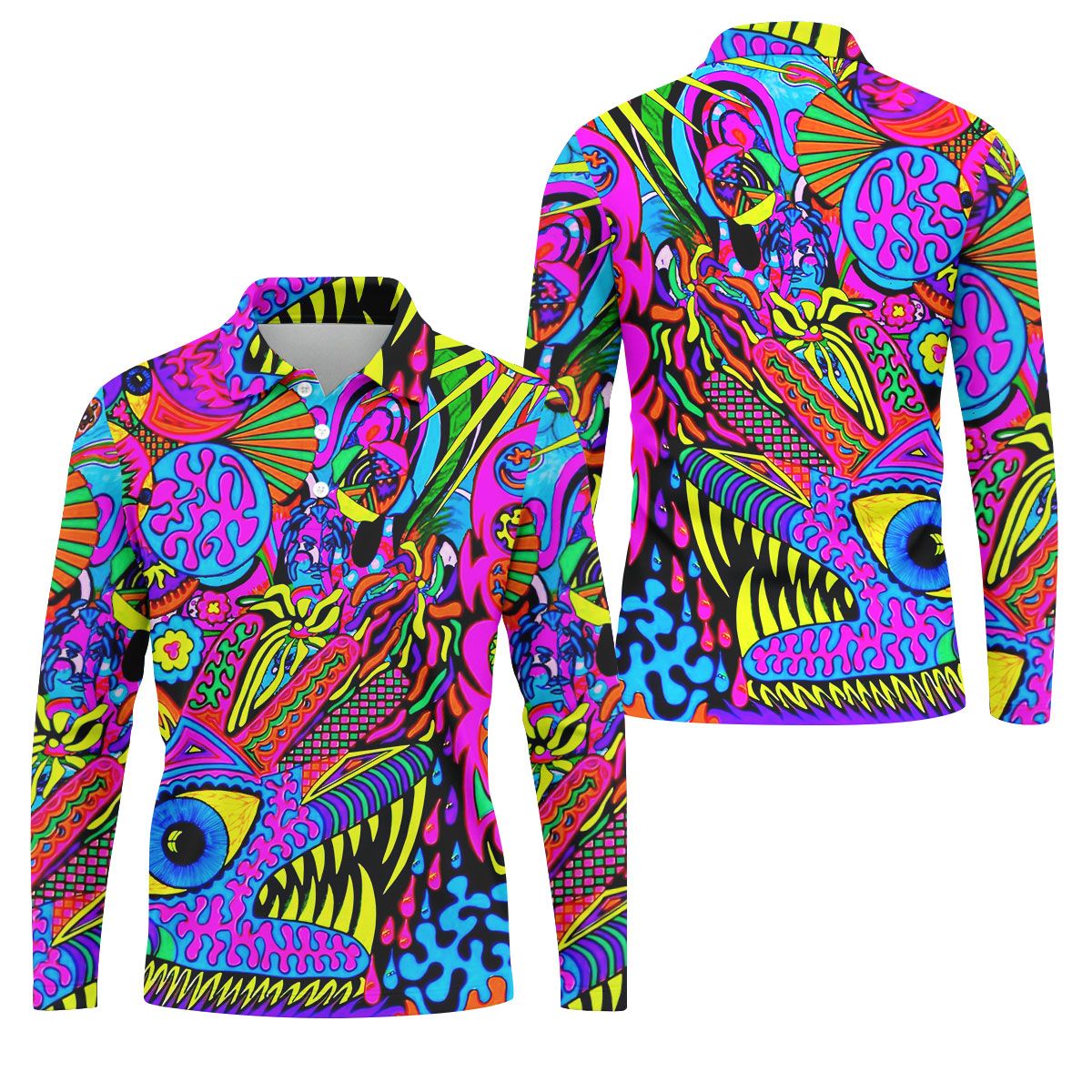 Neon Psychedelic Abstract Eye Pattern Golf Shirt, Mens Golf Polo, Printed Golf Shirts, Golf Polo Shirts For Men