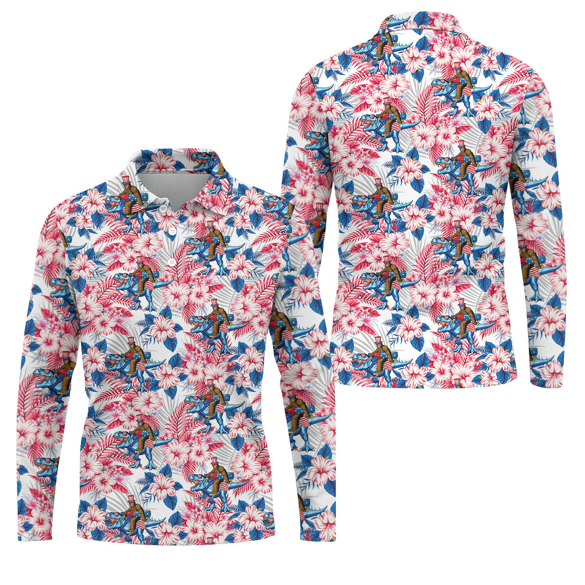 Patriotic T-Rex Bigfoot Hawaiian Floral Golf Shirt, 250 Years 4th Of July Golf Shirts For Men