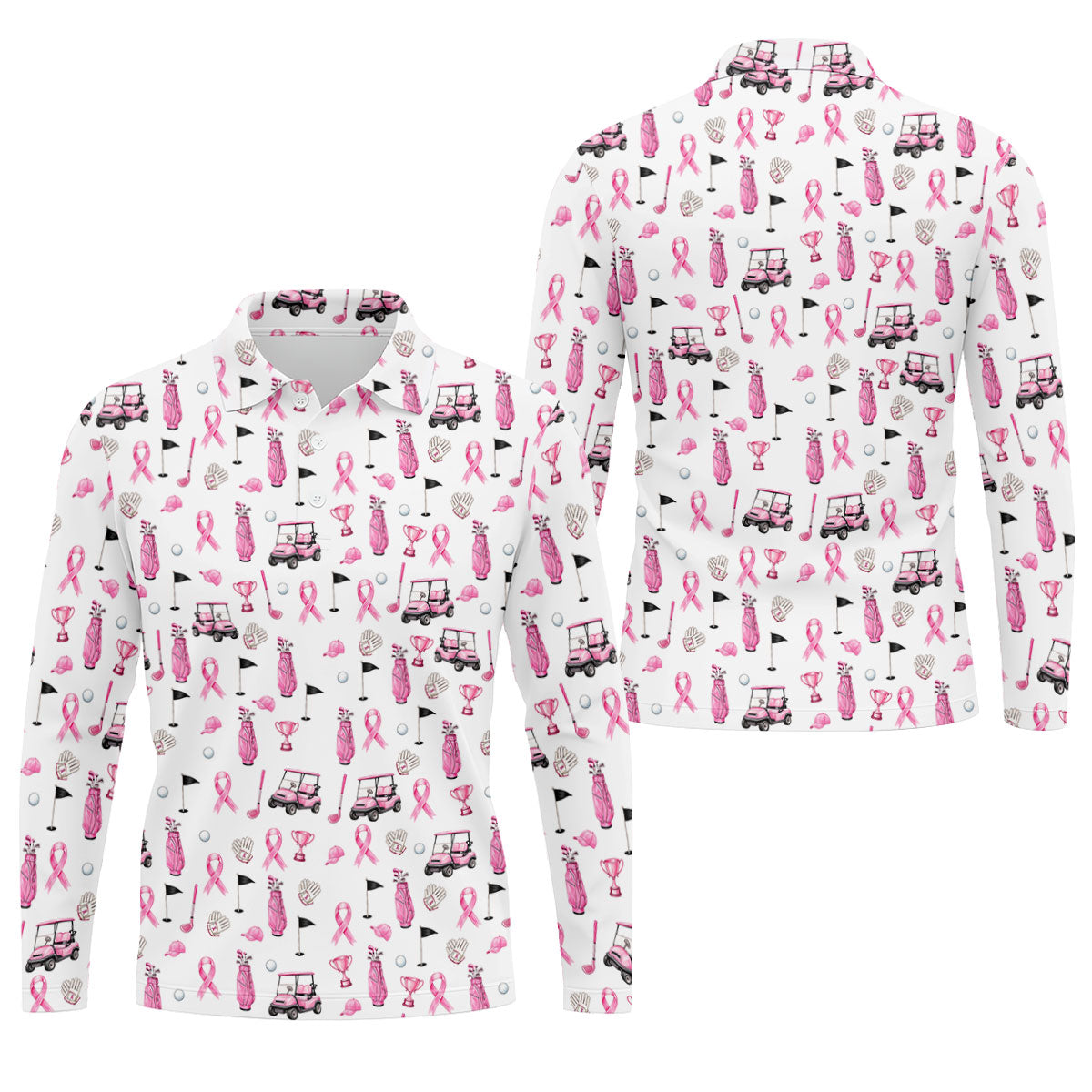 Pink Golf Cart Ribbon Breast Cancer Polo Shirt, Golf Shirts For Men, Mens Golf Apparel