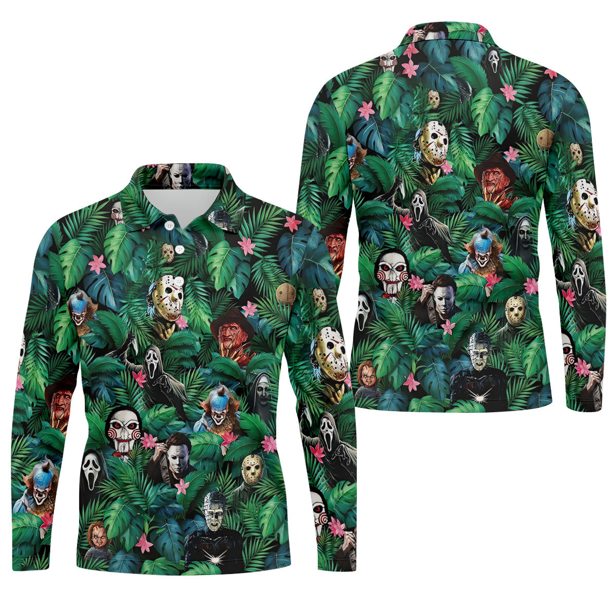 Tropical Horror Character Pattern Golf Polo Shirt, Mens Golf Shirts, Hawaiian Golf Shirt