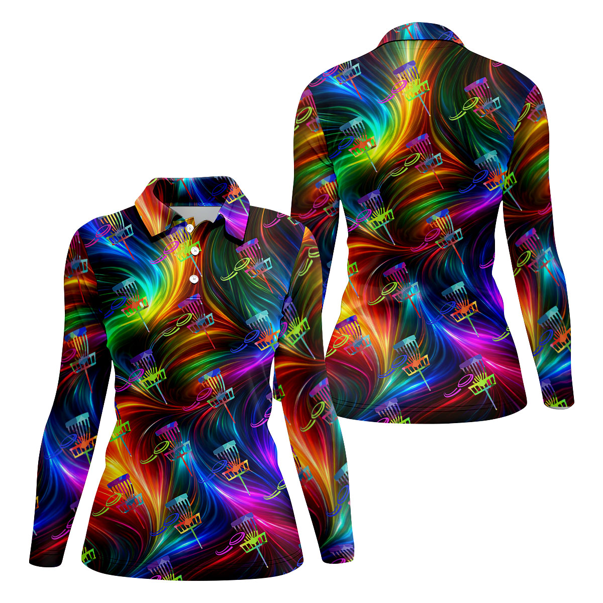 Colorful Disc Golf Basket Swirl Pattern Polo Shirt, Women’s Golf Tops, Hawaiian Golf Shirt, Performance Golf Shirt