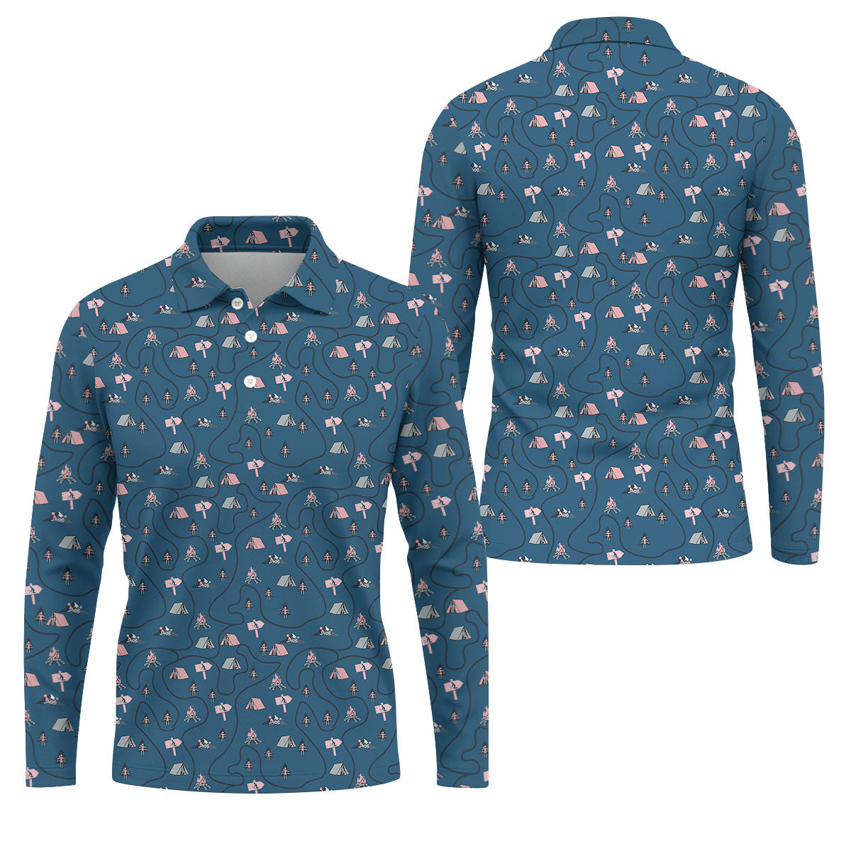 Funny Adult Camping Pattern Polo Shirt, Golf Polo Shirts For Men, Printed Golf Shirts