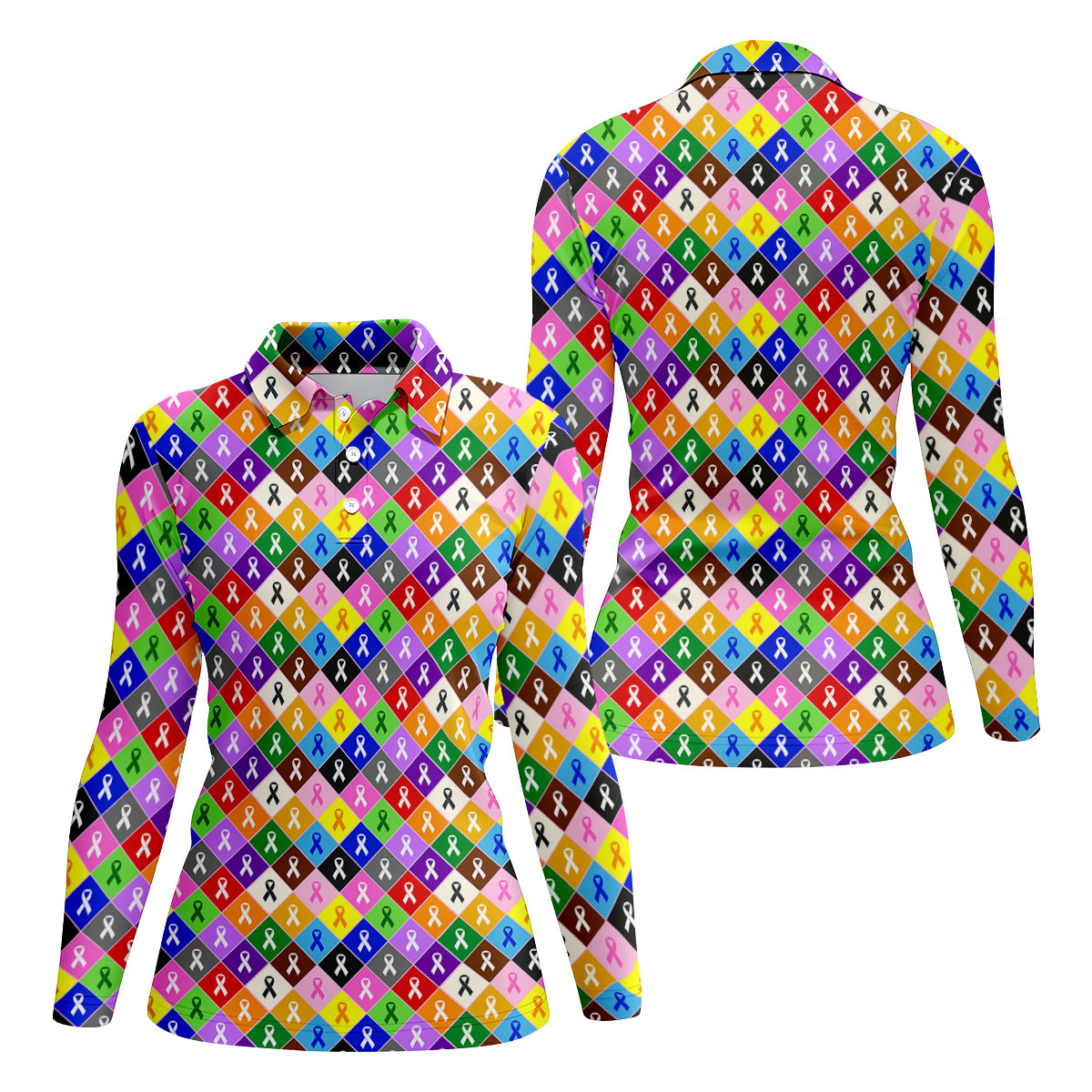 Colorful Awareness Ribbon Breast Cancer Golf Polo, Womens Golf Tops, Ladies Golf Shirts