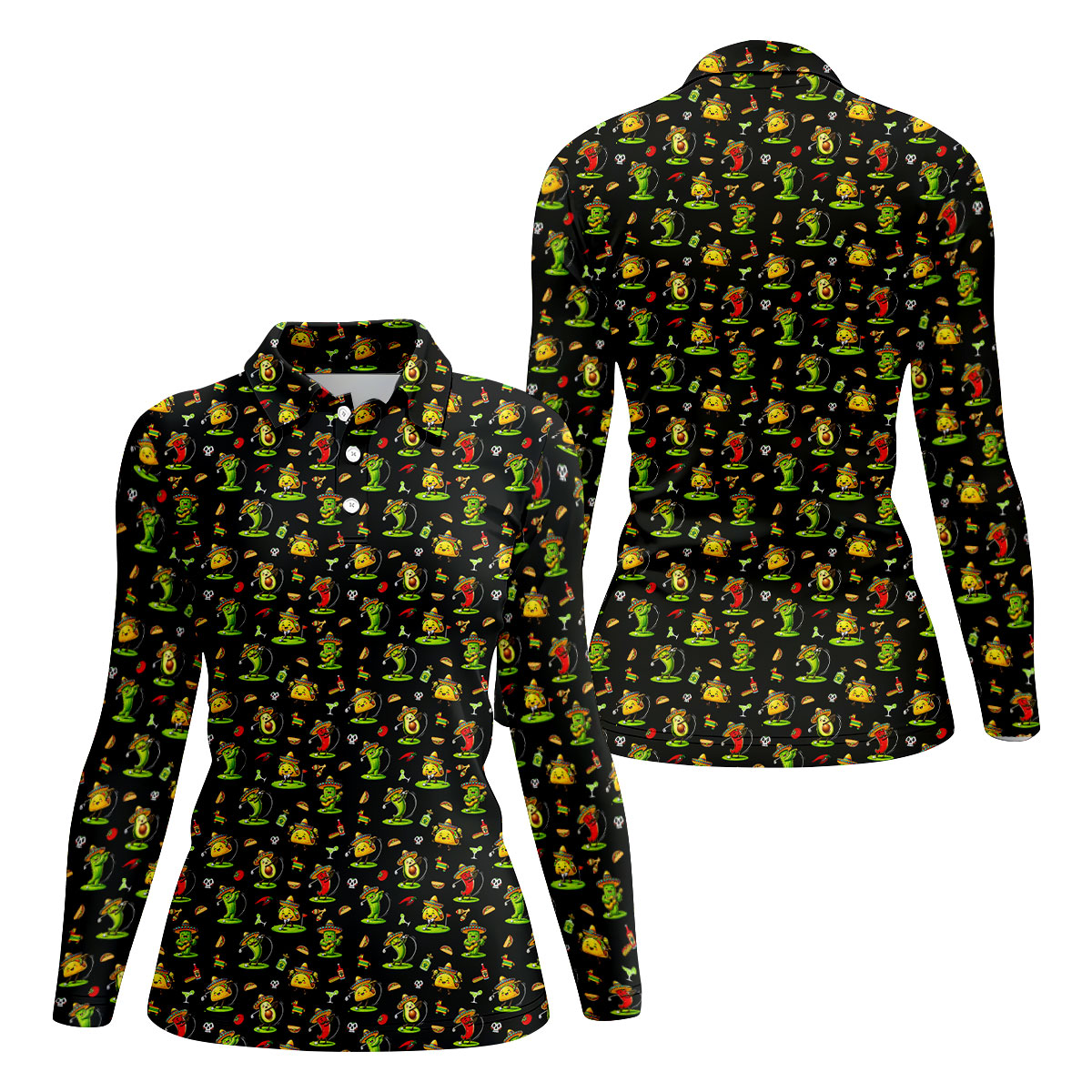 Mexican Cartoon Food Characters Cinco De Mayo Celebration Fiesta Themed Black Golf Shirt For Women
