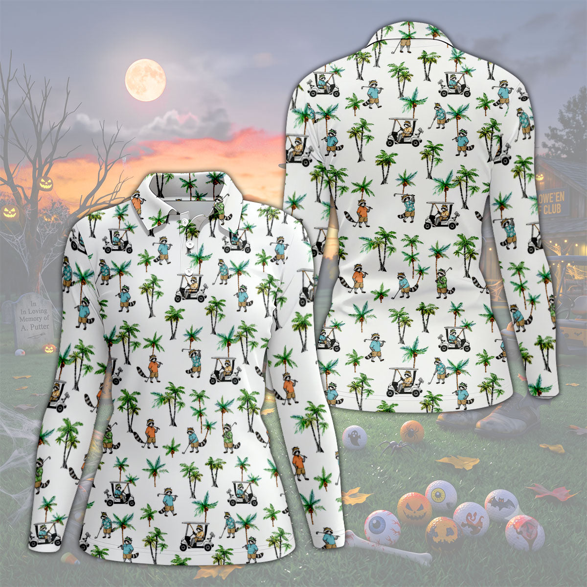 Funny Raccoon Tropical Golf Pattern Polo Shirt, Womens Golf Tops, Printed Golf Shirt