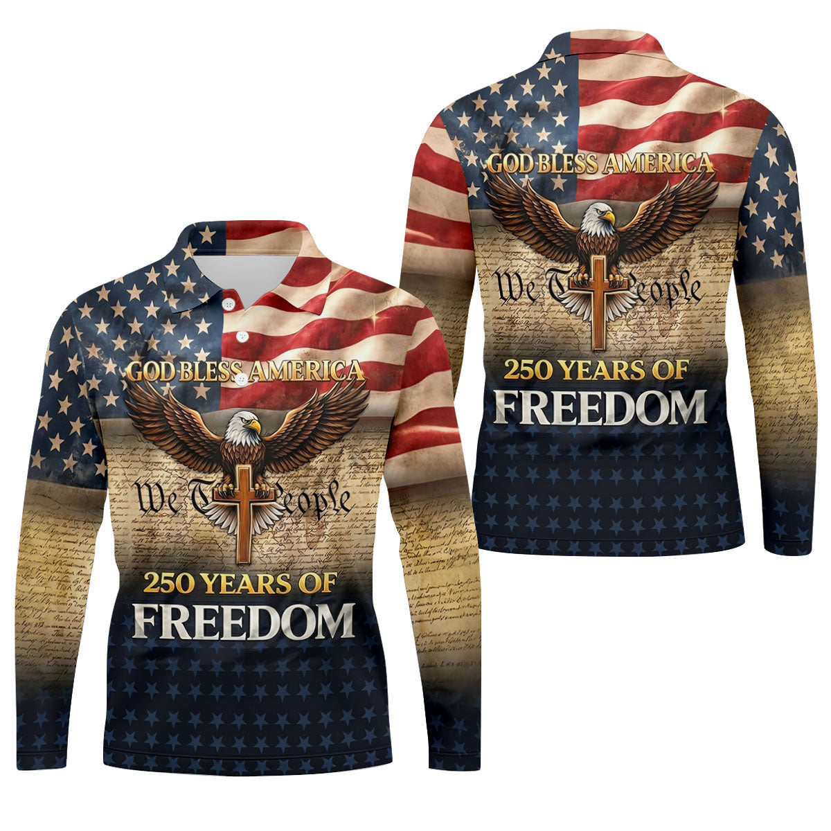 God Bless America 250 Years Of Freedom Retro Golf Shirt, Patriotic 4th Of July Golf Shirts For Men