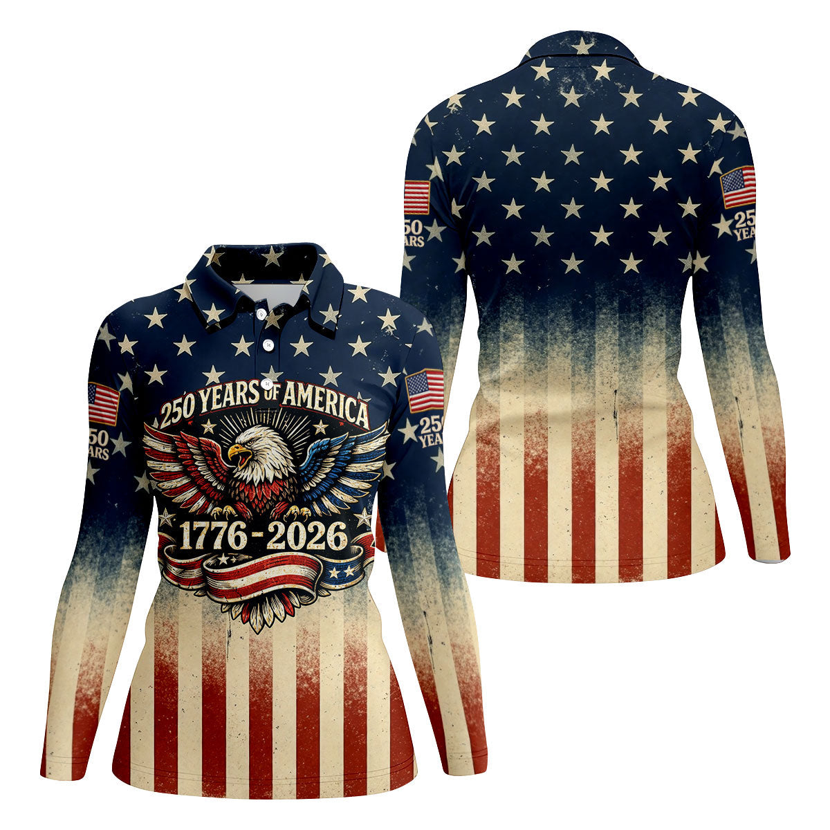 250 Years Bald Eagle US Flag Retro Golf Shirt, Patriotic 4th Of July Golf Shirt For Women