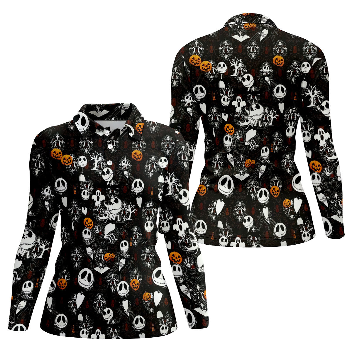 Halloween Pumpkin Skeleton Pattern Golf Polo Shirt, Golf Shirts For Women, Ladies Golf Tops
