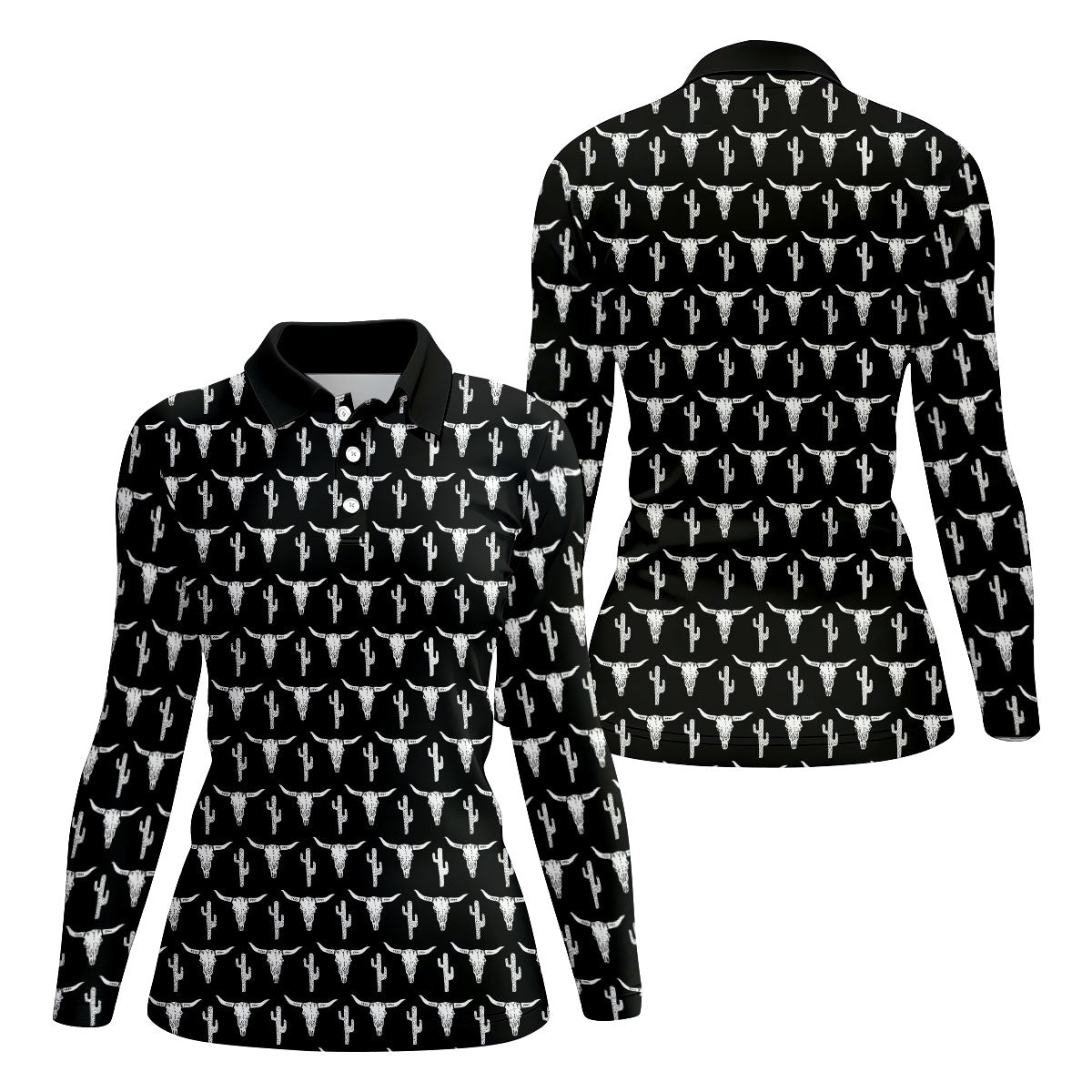 Longhorn Cow Skull Western Theme Black Women Golf Top, Ladies Golf Shirts, Golf Shirt For Women