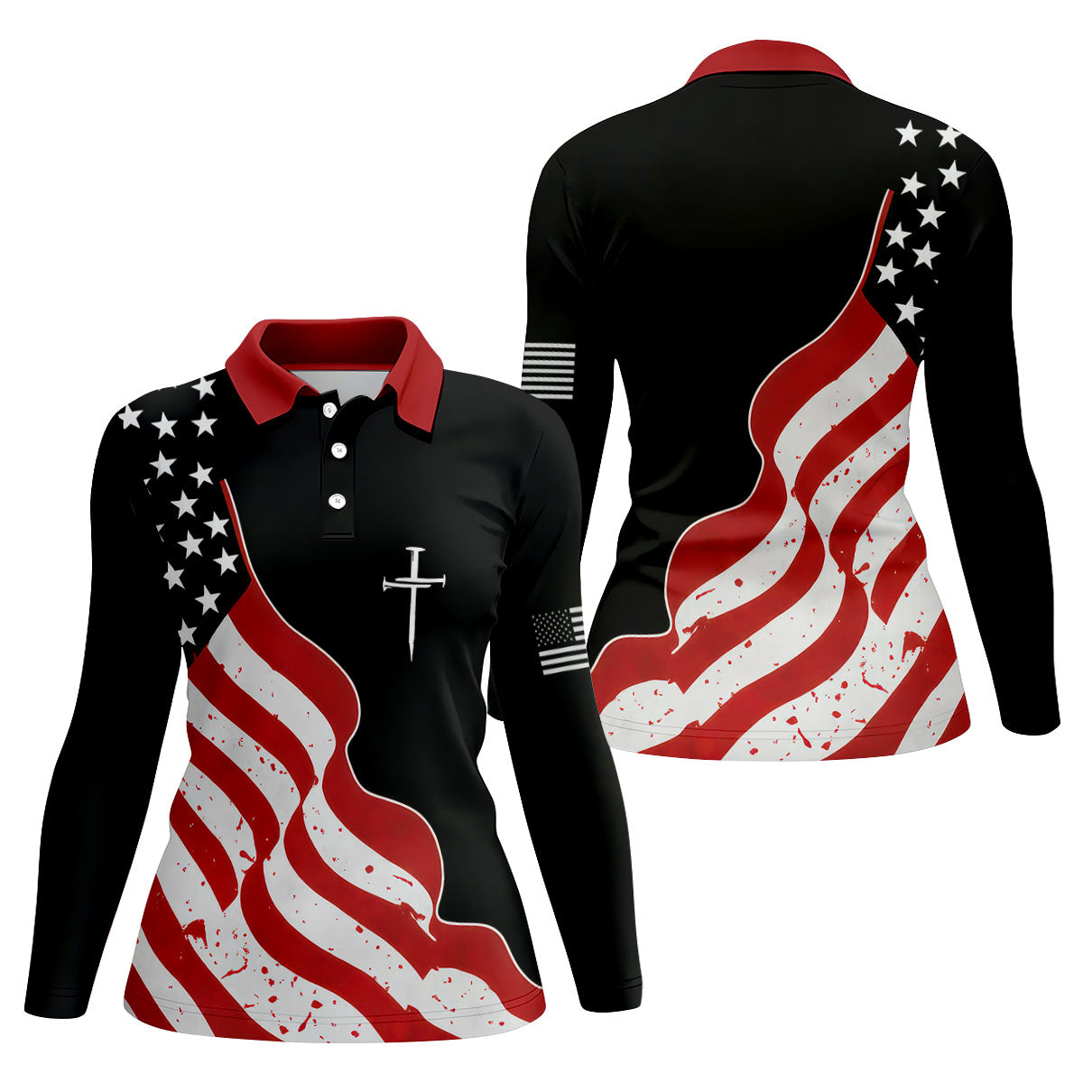 Faith Cross America 250th Anniversary 4th Of July Shirt, Patriotic Black Golf Shirt For Women