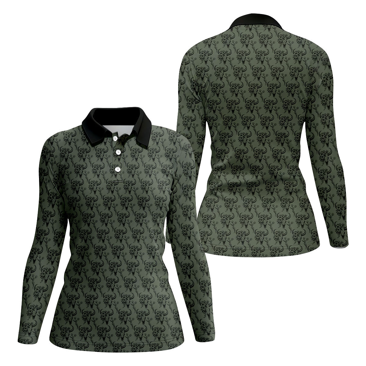 Cow Skull With Flowers Western Theme Forest Green Women Golf Top, Ladies Golf Shirts, Golf Shirt For Women