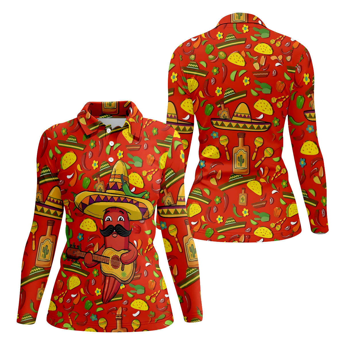 Cartoon Chili Pepper Mexican Guitar Cinco De Mayo Celebration Fiesta Themed Golf Shirt For Women