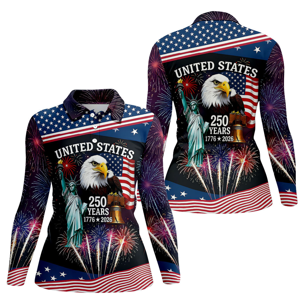250 Years American Symbols US Flag Golf Shirt, Patriotic 4th Of July Golf Shirt For Women