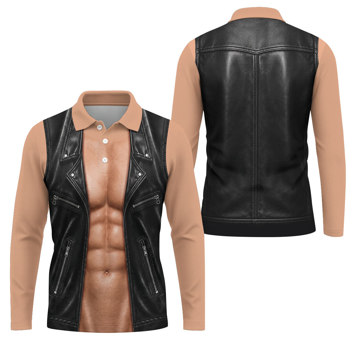Black Leather Vest Illusion Golf Polo Shirt, Men's Golf Shirt, Golf Polo Shirts For Men