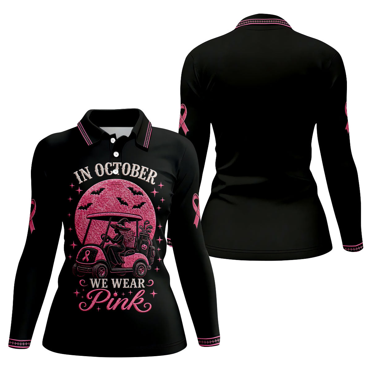 In October We Wear Pink Witch Breast Cancer Golf Polo Shirt, Golf Tops For Women