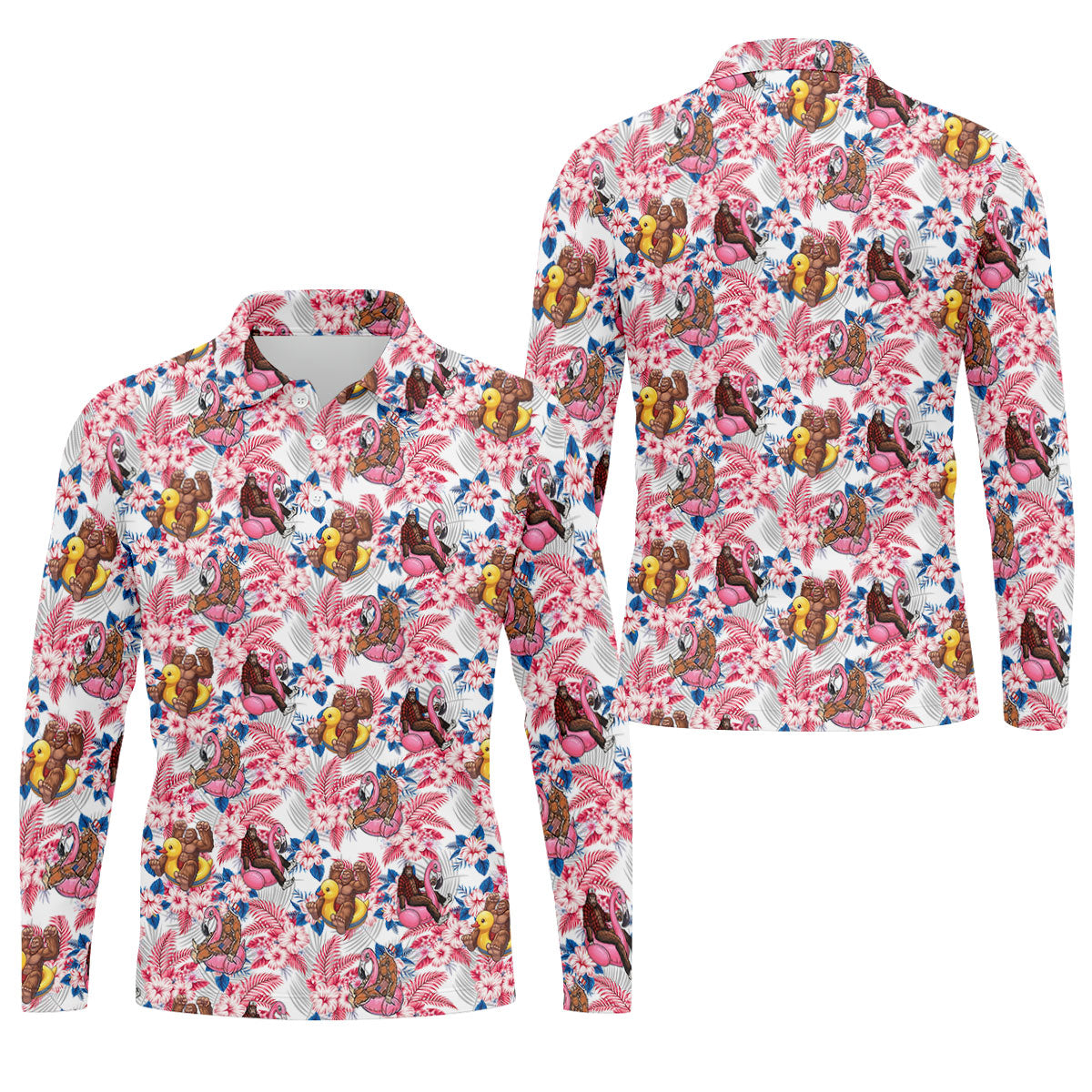 Funny Bigfoot Pool Party Hawaiian Golf Shirt, Red White Blue Tropical Flamingo Golf Shirts For Men