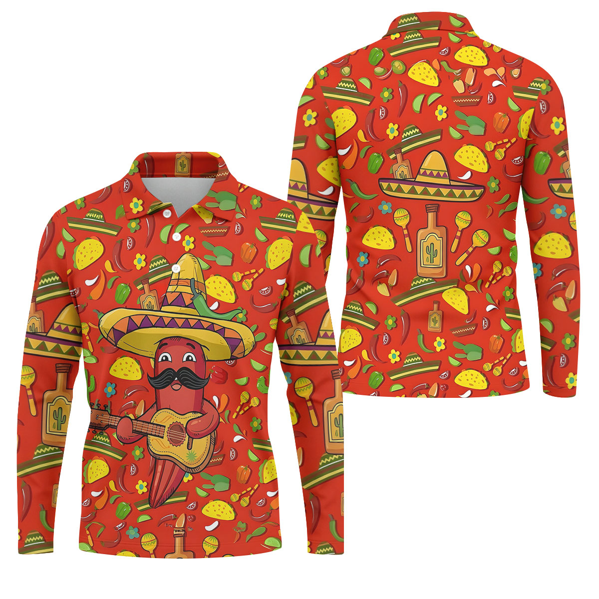 Cartoon Chili Pepper Mexican Guitar Cinco De Mayo Celebration Fiesta Themed Golf Shirts For Men