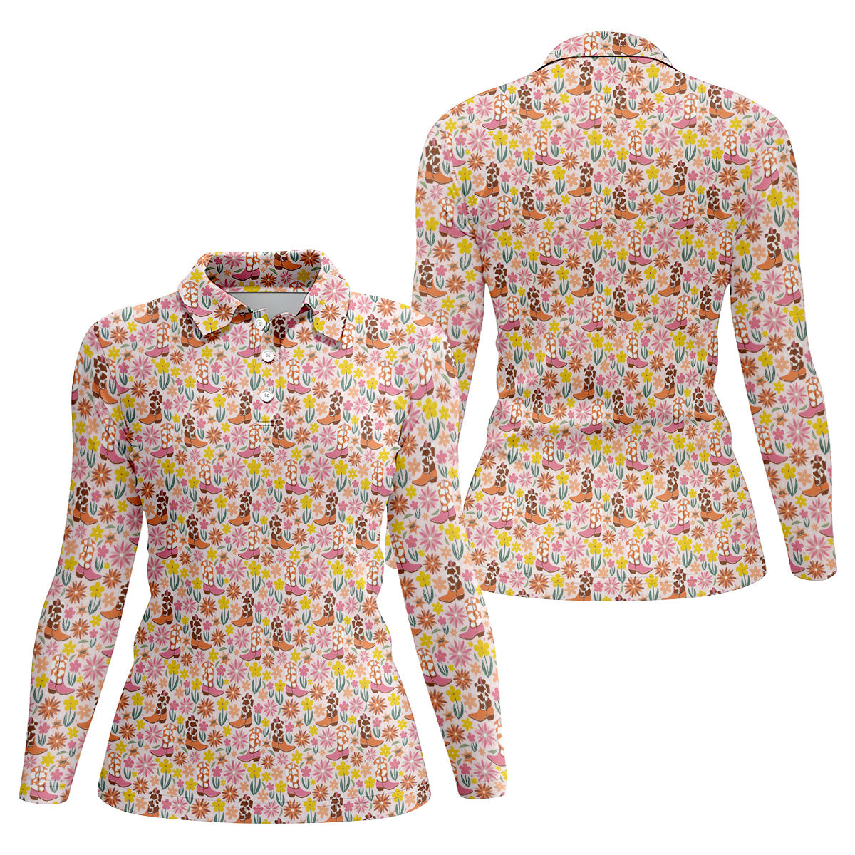 Pink Floral Cowgirl Boots Pattern Golf Polo Shirt, Golf Polo For Women, Ladies Golf Tops