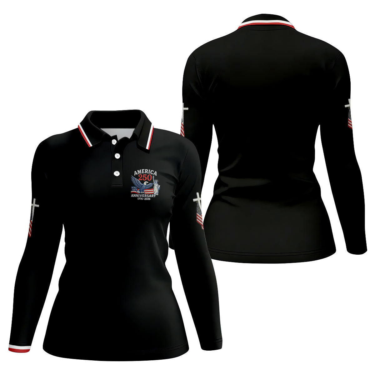 Faith Cross Bald Eagle America 250 Anniversary Black Patriotic Golf Shirt, Golf Shirt For Women