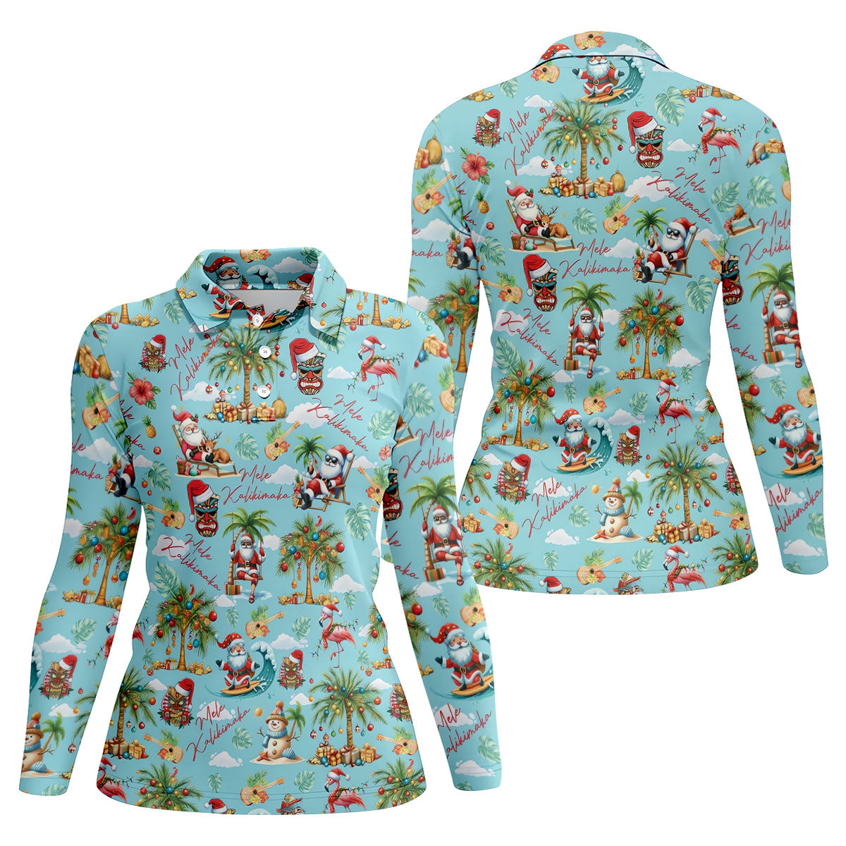 Women's Mele Kalikimaka Surfing Santa Golf Shirt, Christmas Golf Shirt, Women’s Golf Apparel