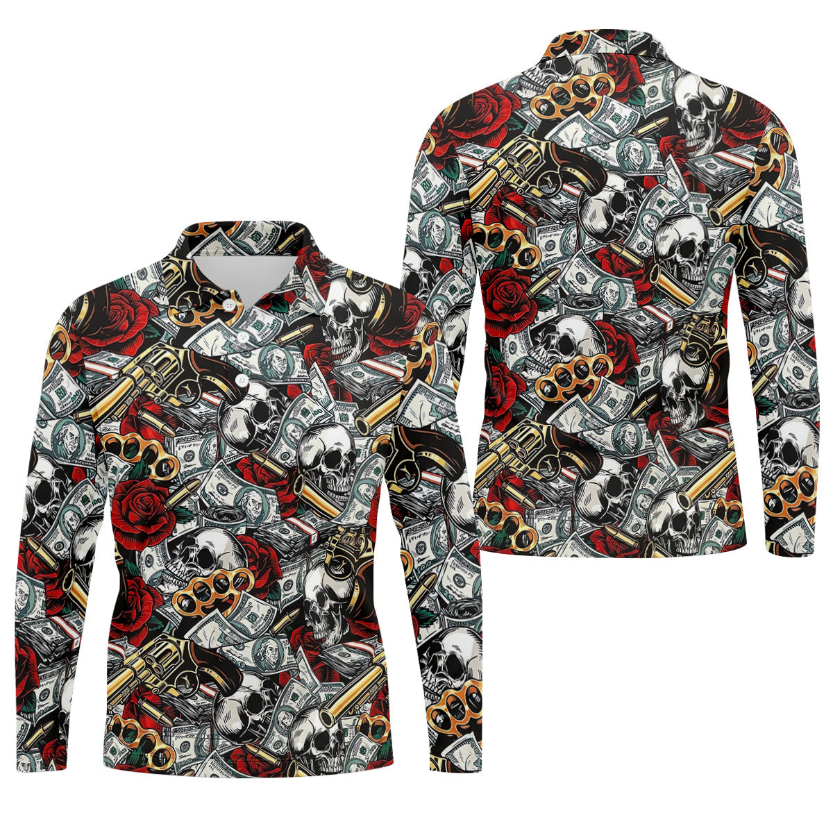 Black Skull Cash Rose Western Pattern Golf Polo Shirt, Men's Golf Shirt, Hawaiian Golf Shirt