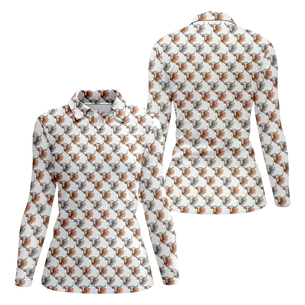 Longhorn Watercolor Pattern Golf Polo Shirt, Golf Tops For Women, Hawaiian Golf Shirt