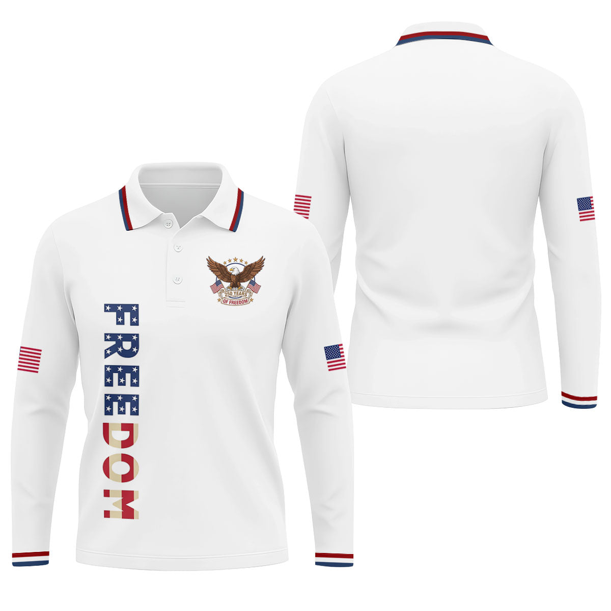 250 Years Of Freedom US Flag Logo White Golf Shirt, Patriotic 4th Of July Golf Shirts For Men