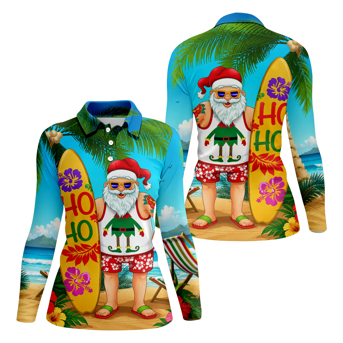 Surfboard Santa Tropical Christmas Golf Shirt, Women's Golf Tops, Hawaiian Golf Shirt