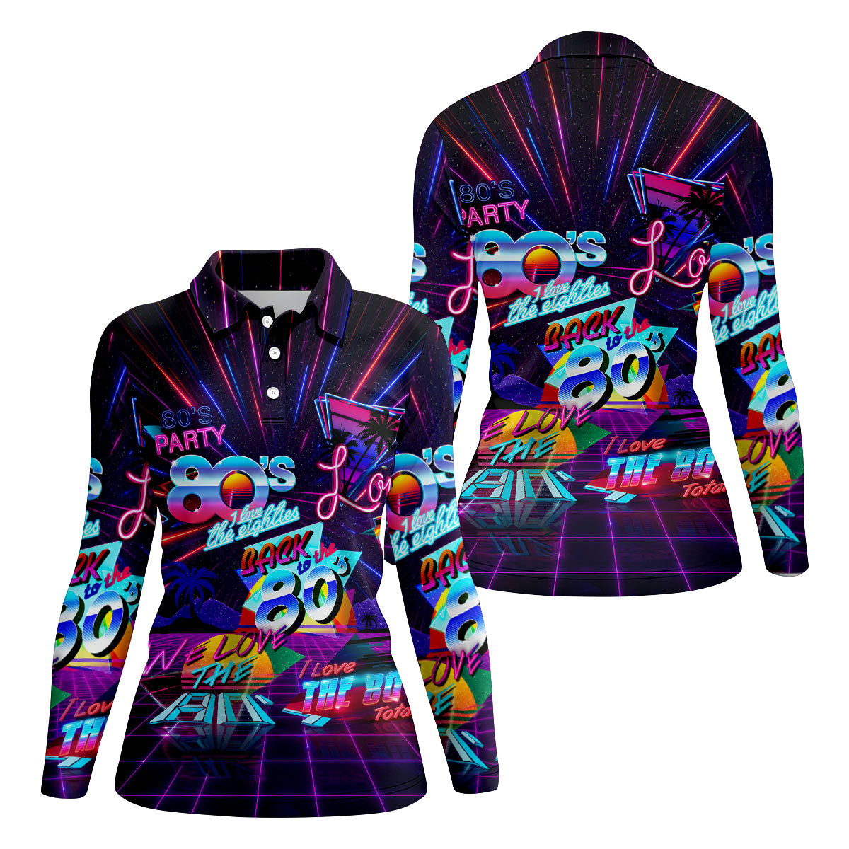 80s Retro Party Golf Shirt, Neon Synthwave Sunset Pattern, Golf Shirt For Women