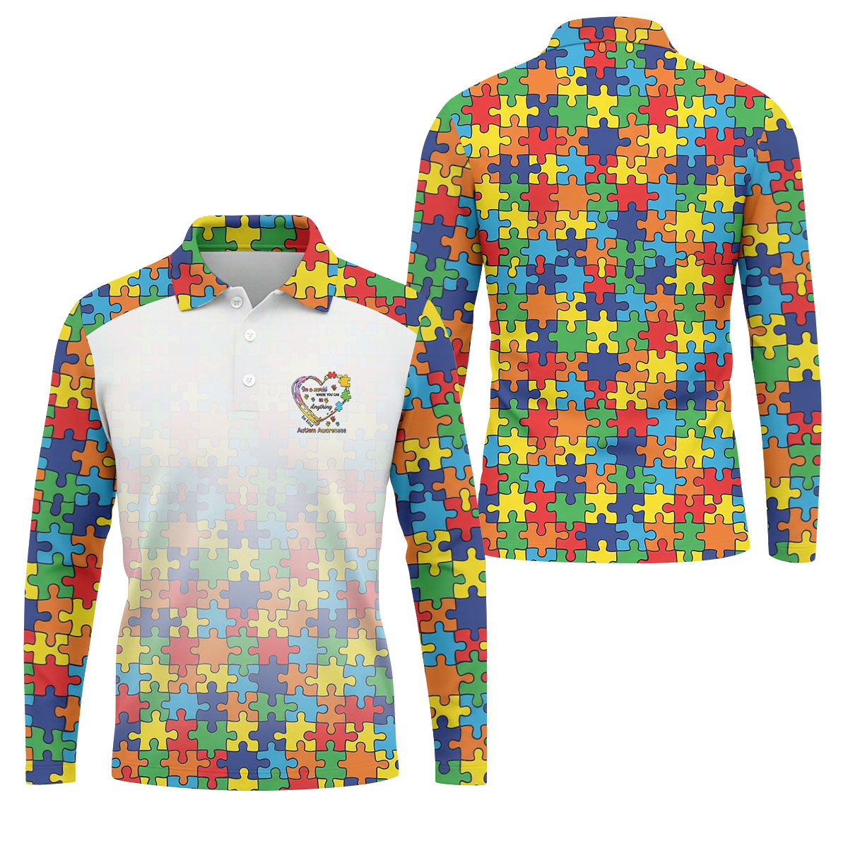 In A World Where You Can Be Anything Be Kind Autism Awareness Puzzle Pattern White Fade Golf Shirts For Men