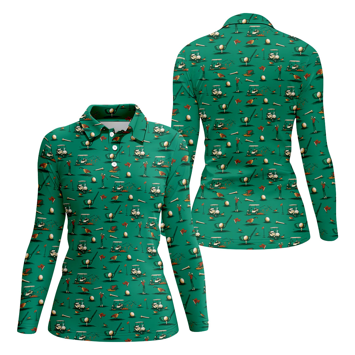 Funny Goose Golf Cart Pattern Green Polo Shirt, Womens Golf Tops, Golf Polo For Women