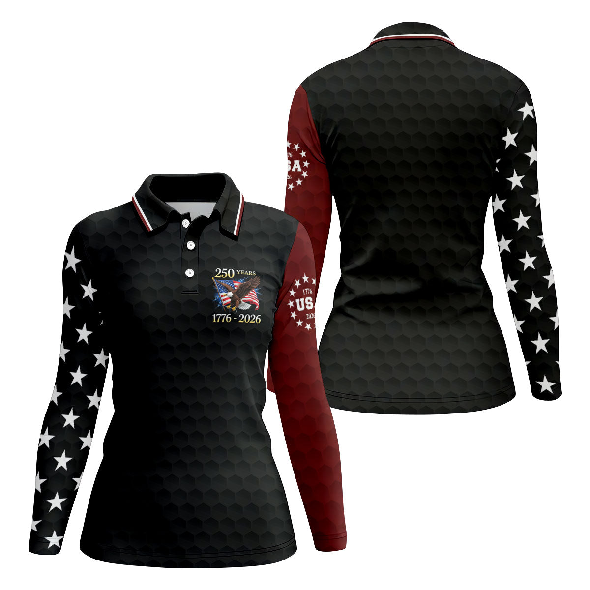 250 Years Bald Eagle US Flag Golf Shirt, Patriotic 4th Of July Golf Ball Pattern Golf Shirt For Women