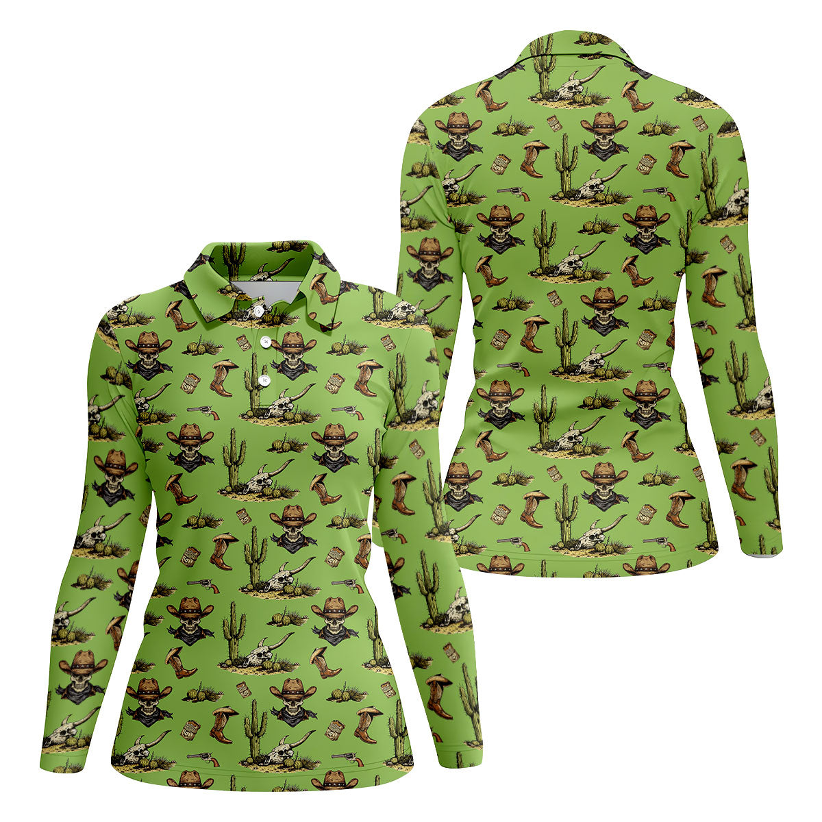 Cowboy Skeleton Longhorn Cow Skull Western Theme Sage Green Ladies Golf Shirts, Golf Shirt For Women