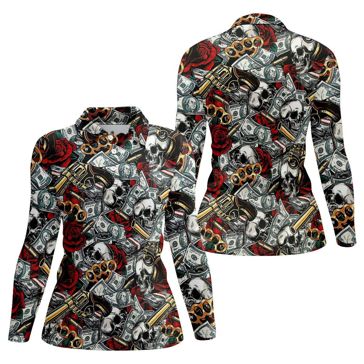 Black Skull Cash Rose Western Pattern Golf Polo Shirt, Ladies Golf Shirts, Women's Golf Apparel