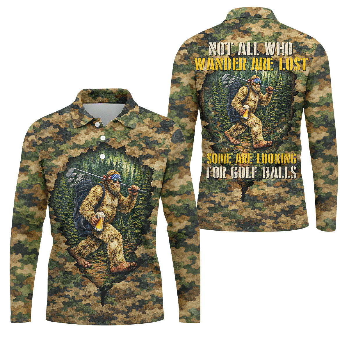Camo Bigfoot Golfer Drinking Beer Polo Shirt, Mens Golf Shirts, Golf Apparel For Men