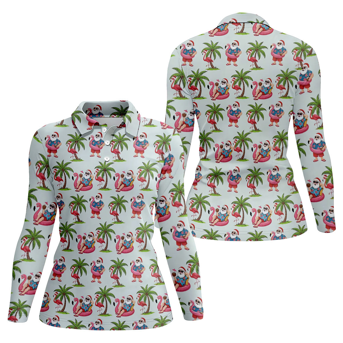 Tropical Santa Flamingo Beach Golf Polo, Ladies Golf Shirt, Performance Golf Shirt