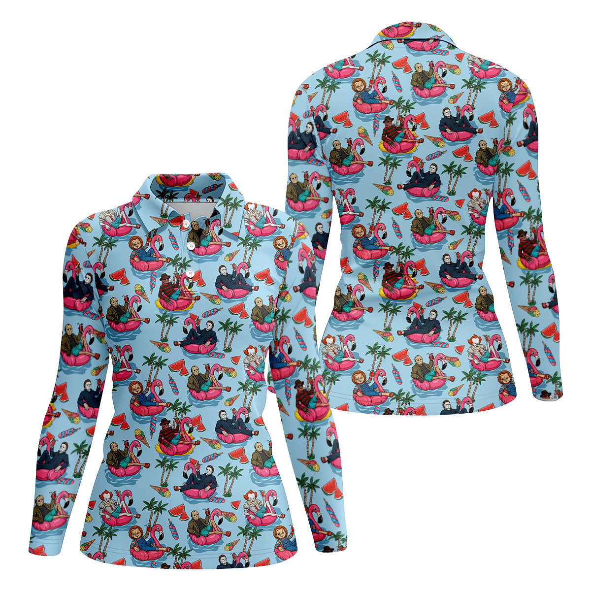 Retro Horror Character Villains Floating On Flamingo Pool Floats Golf Polo Shirt, Women's Golf Polo, Golf Tops For Women