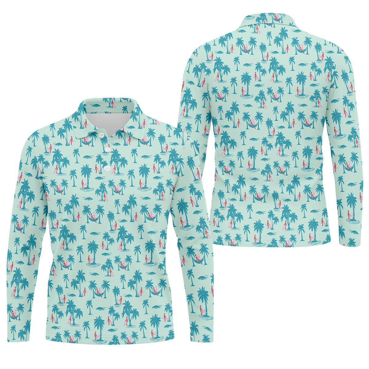Funny Tropical Couple Beach Pattern Men's Golf Shirt, Hawaiian Golf Shirt, Golf Apparel For Men