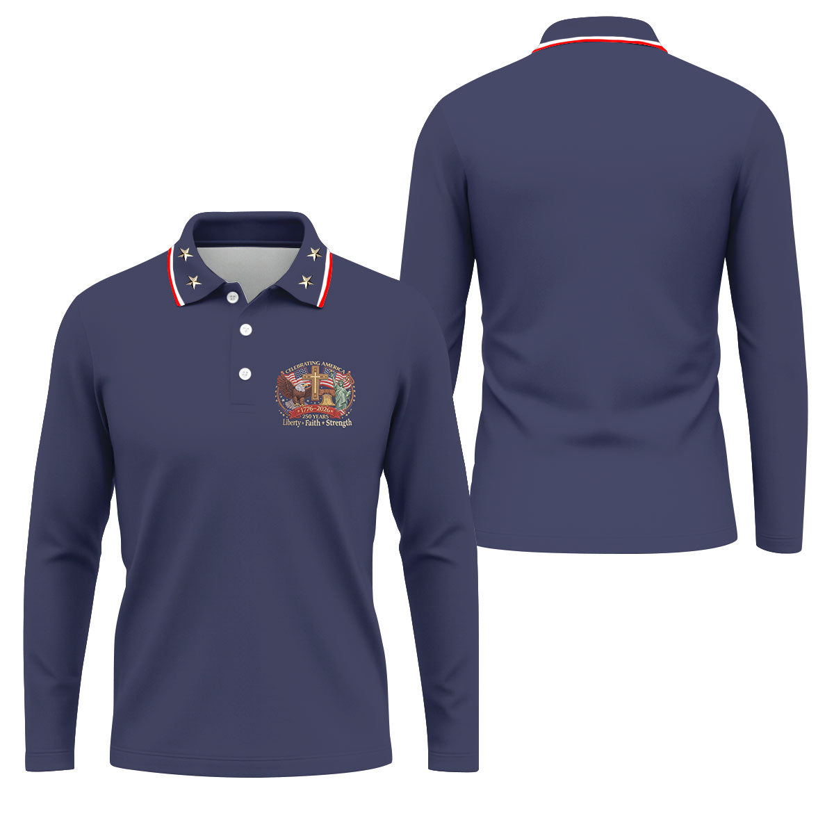 Liberty Faith Strength Faith Cross USA 250 Navy Golf Shirt, 4th Of July Golf Shirts For Men