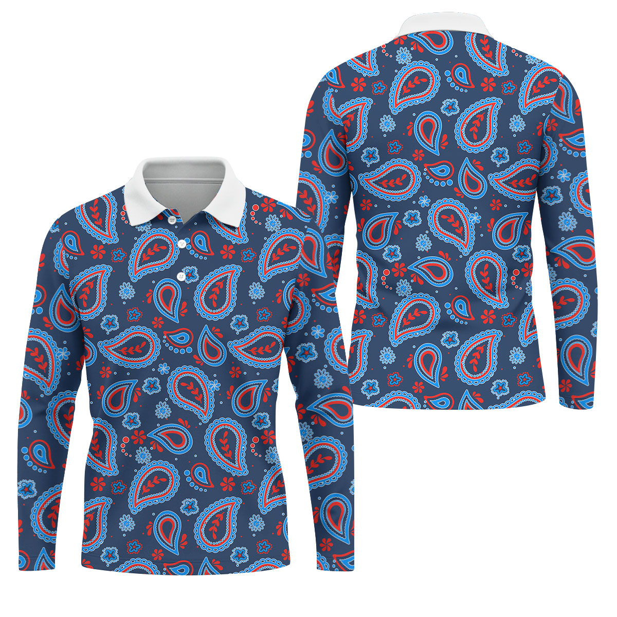 Blue Red Paisley Pattern Golf Polo Shirt, Golf Shirts For Men, Hawaiian Golf Shirt