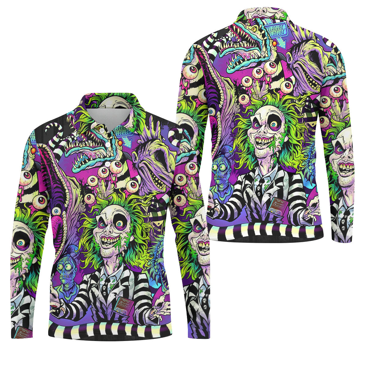 Neon Horror Character Monster Collage Golf Polo Shirt, Mens Polo Shirts, Golf Apparel For Men