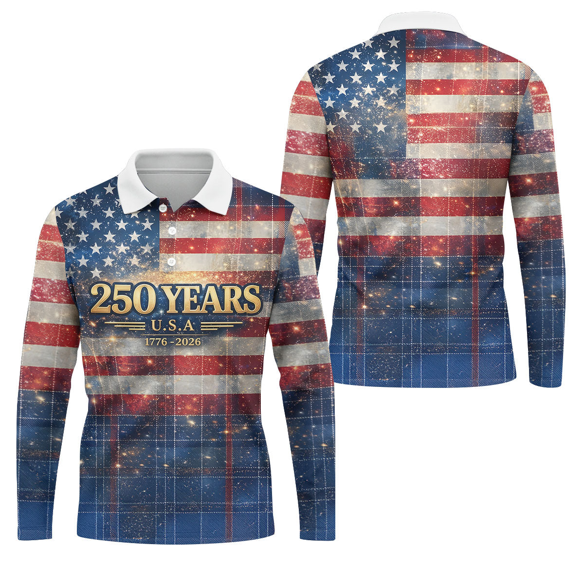250 Years USA Galaxy Overlay Checkered Patriotic Golf Shirt, 4th Of July Golf Shirts For Men