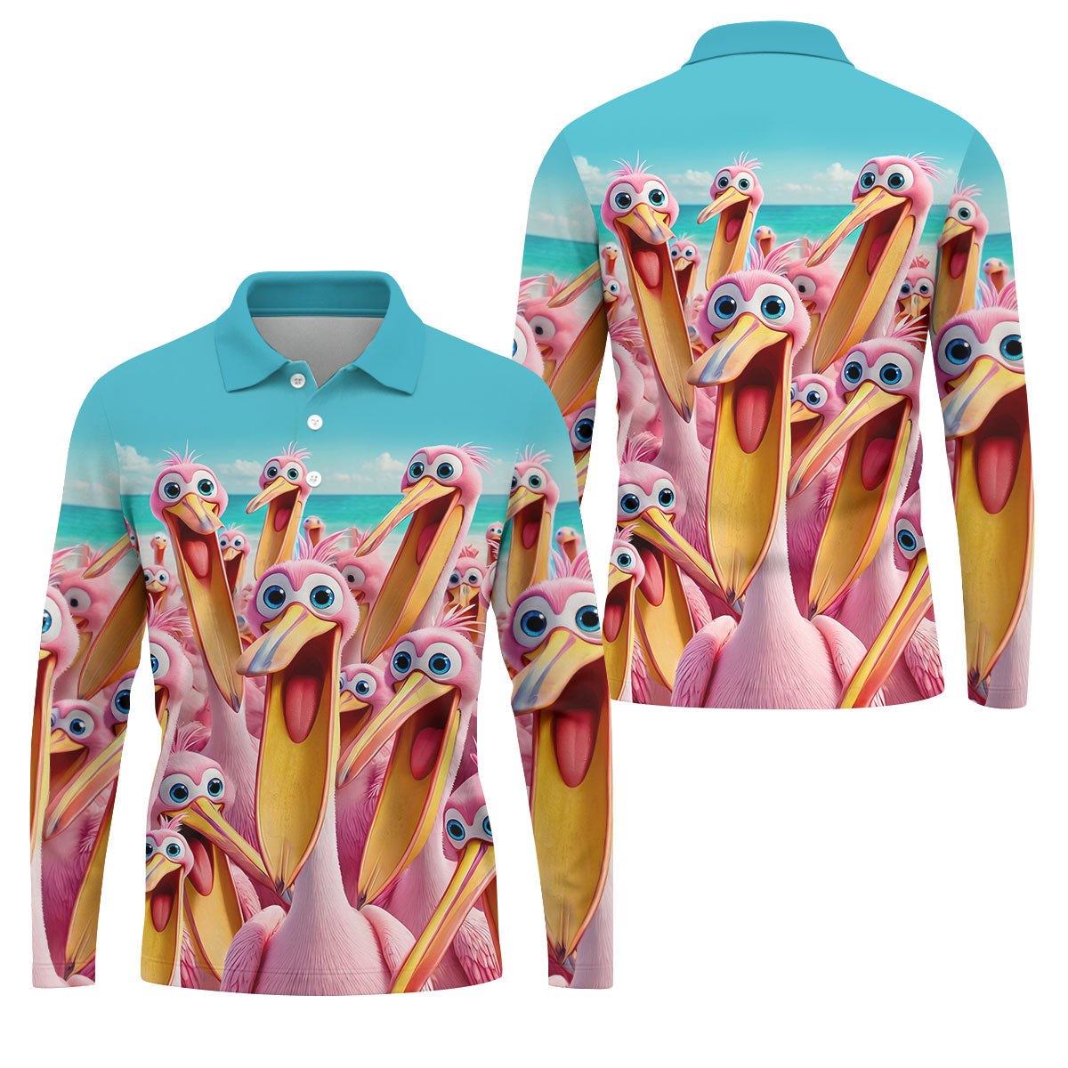 Funny Pink Pelican Beach Crowd Design Hawaiian Golf Shirt, Golf Shirts For Men, Polo Shirts For Men