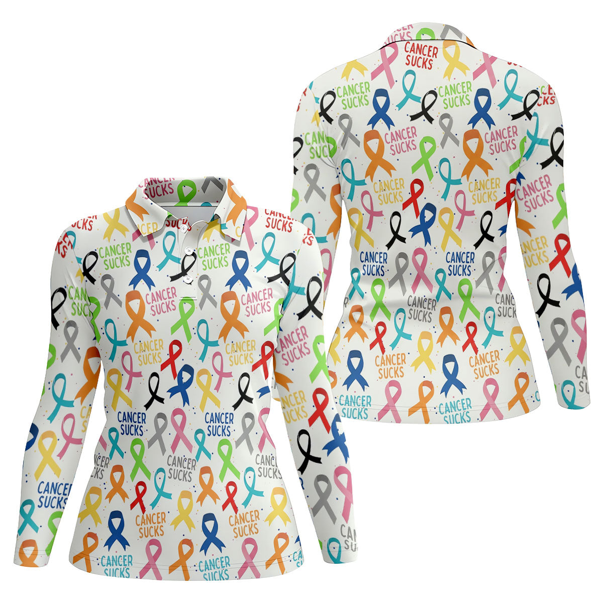Cancer Sucks Multicolor Awareness Ribbon Polo Shirt, Ladies Golf Tops, Women’s Golf Polo