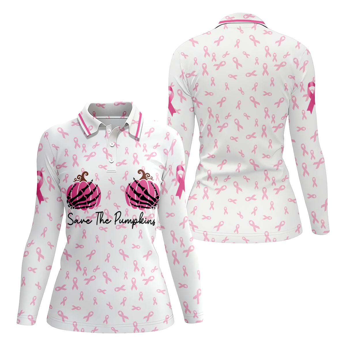 Save The Pumpkins Breast Cancer Ribbon Polo Shirt, Golf Tops For Women, Printed Golf Shirt