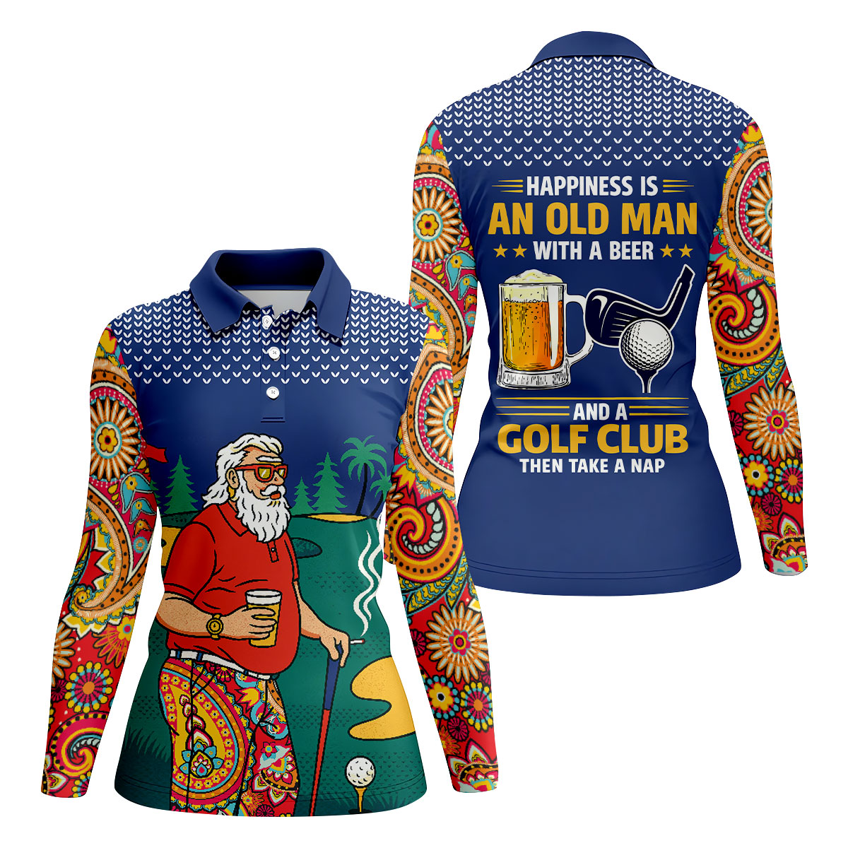 Retro Bearded Golfer Holding Beer Golf Polo Shirt, Women’s Golf Apparel, Ladies Golf Tops