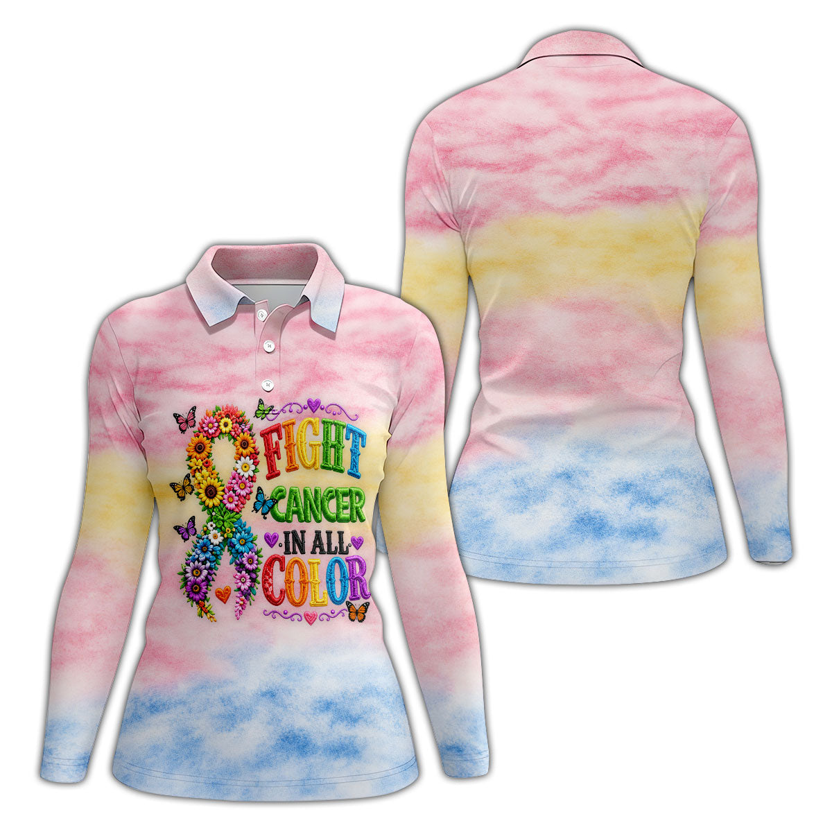 Fight Cancer In All Color Floral Ribbon Polo Shirt, Ladies Golf Shirt, Womens Golf Tops