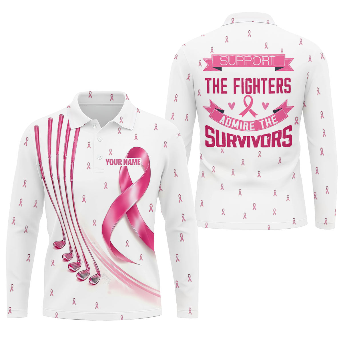 Support The Fighters Custom Pink Ribbon Golf Shirt, Polo Shirts For Men, Mens Golf Shirts