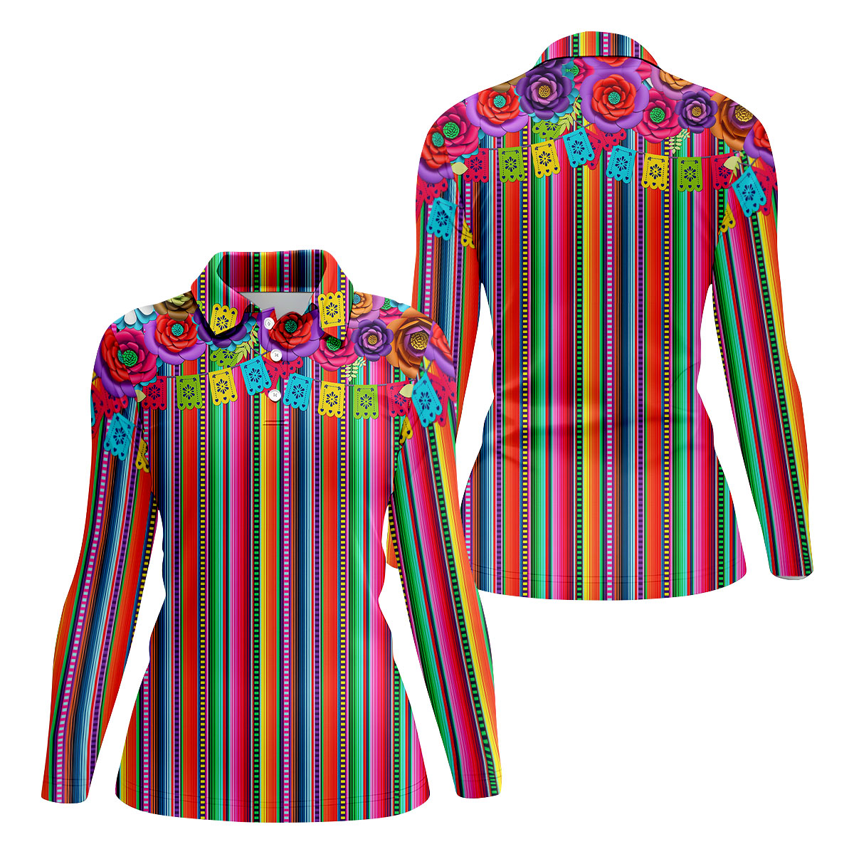Mexican Serape Pattern Ladies Golf Tops, Cinco De Mayo Celebration Golf Shirt For Women