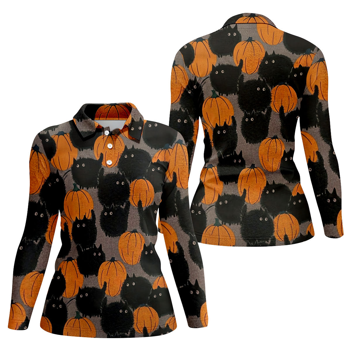 Black Cat Pumpkin Halloween Golf Polo Shirt, Women's Golf Apparel, Golf Shirts For Women